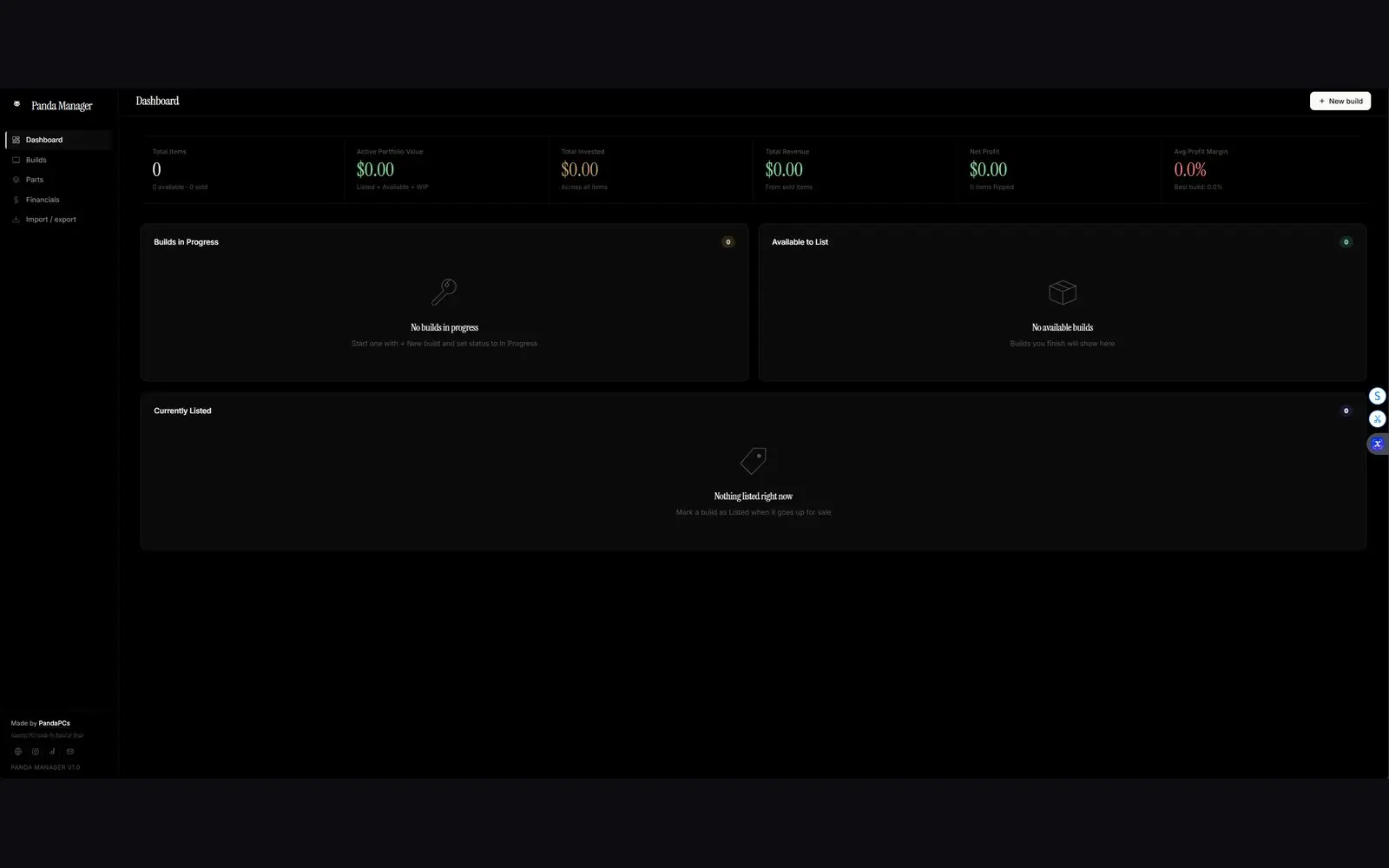 The Panda Manager dashboard, showing inventory counts, portfolio value, revenue and profit margin.